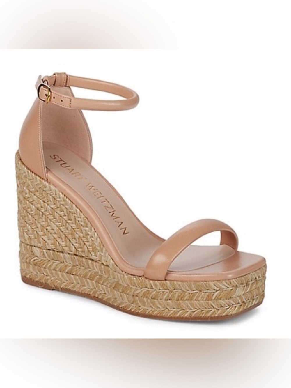 Stuart Weitzman Neutral Tone Leather Espadrille Wedge Sandal